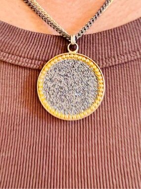 Silver Druzy Round Pendant Necklace with Gold-Tone Bezel